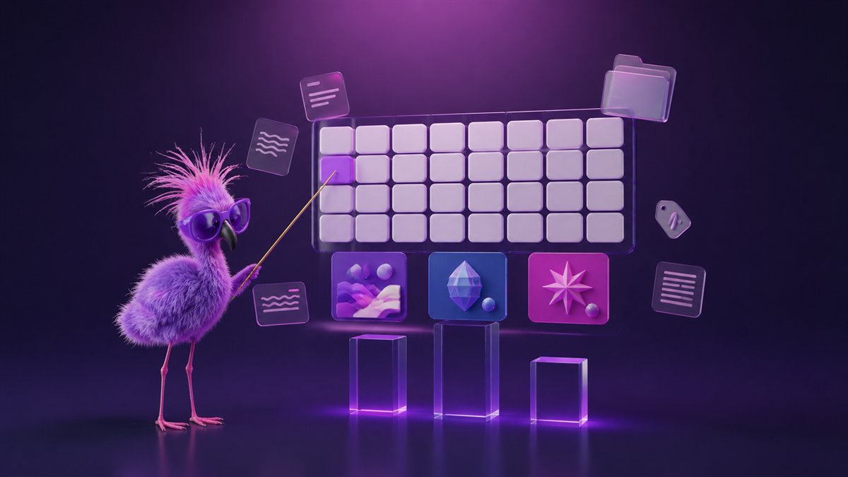 Der FemBrand-Flamingo zeigt auf ein Raster aus Dokumenten und Formaten