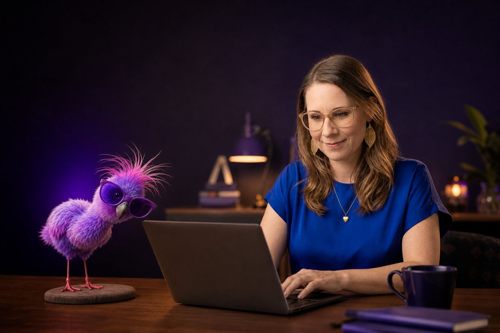 Isabella Zanghellini am Laptop, daneben der FemBrand-Flamingo