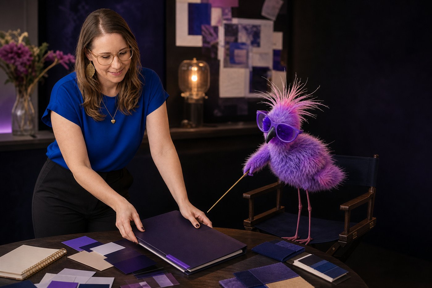 Isabella Zanghellini legt eine dunkelblaue Marken-Mappe auf den Tisch, daneben Farbmuster und der FemBrand-Flamingo