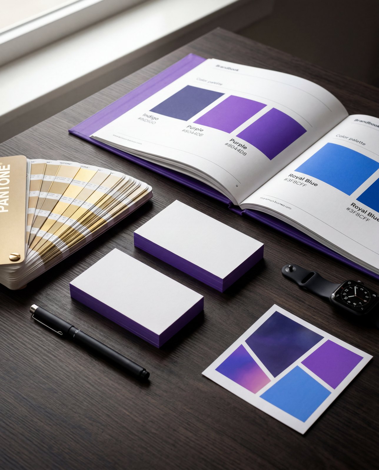 Brandbook mit Farbpalette in Indigo, Lila und Royalblau, daneben Visitenkarten und Farbfächer
