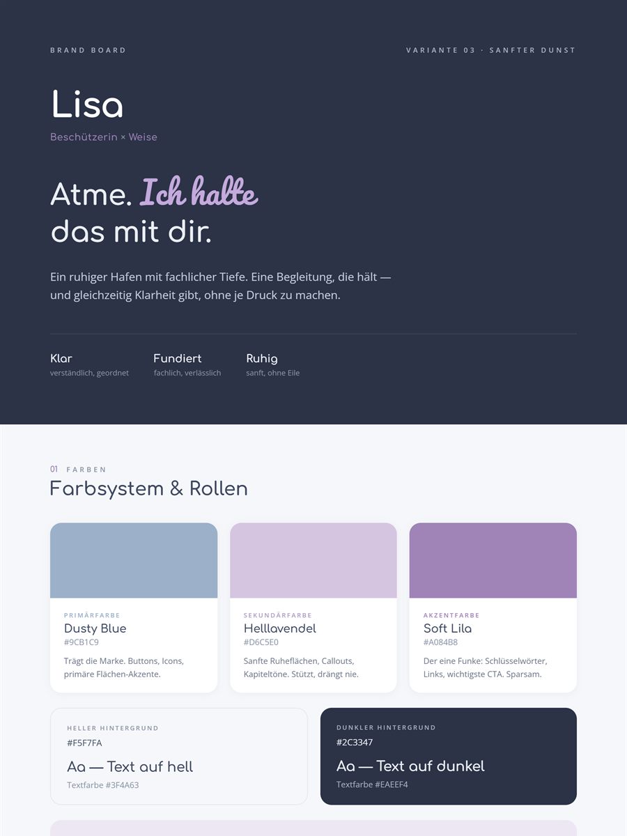 Brand Board der Beispiel-Marke Lisa: Archetypen Beschützerin und Weise, Farbsystem mit Farbwerten, Schriften und Bildsprache