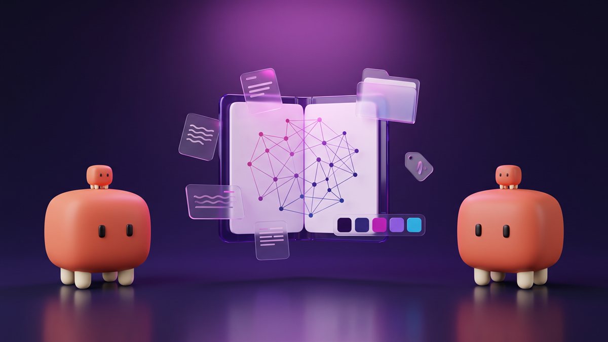 Deine Zentrale als aufgeschlagenes Notizbuch: verknüpfte Notizen in der Mitte, Farben, Schriften und Dokumente drumherum