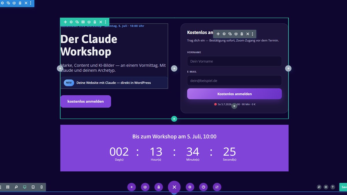 Die eigene Seite im Divi-Builder in WordPress, direkt bearbeitbar