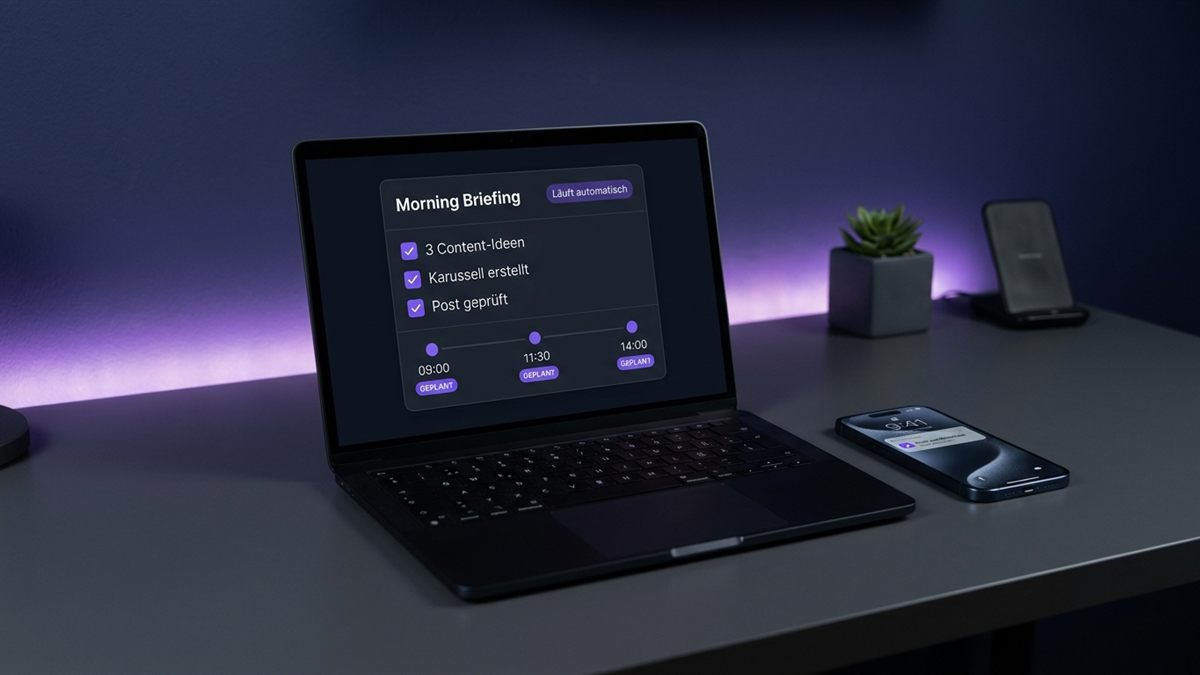Laptop mit dem Morning Briefing: drei erledigte Aufgaben und geplante Posts, daneben ein Handy mit der Meldung Post veröffentlicht